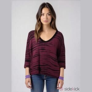 Calvin Klein Magenta Black Stripe Sheer Scoop Neck 3/4 Sleeve Lagenlook Top L